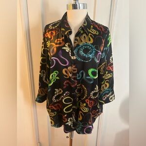 L’Agence Black Button-Up Silk Dani Shirt with Multicolor Snake Print XXL